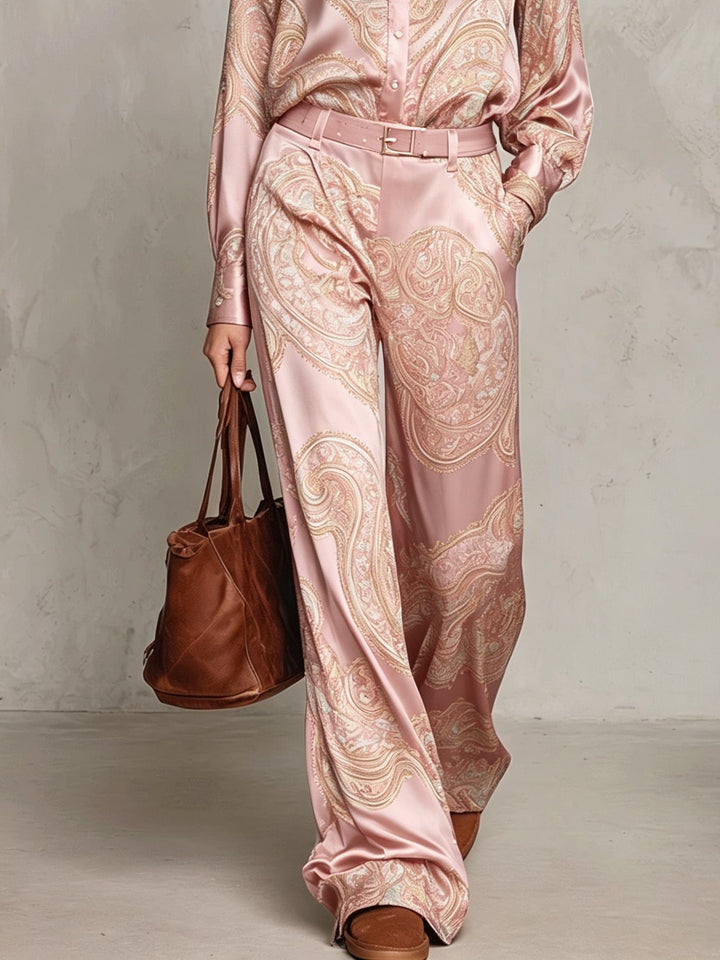 Pink Paisley Print Satin Long-sleeve Shirt And Wide-leg Trousers Set (with belt)