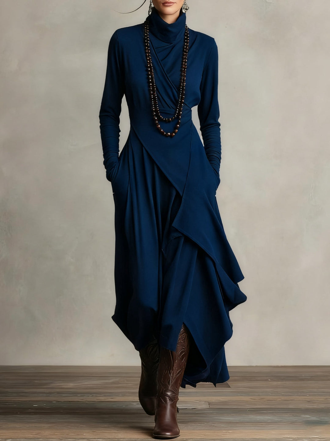 AZARI – REFINED DRAPED HIGH-NECK MIDI DRESS