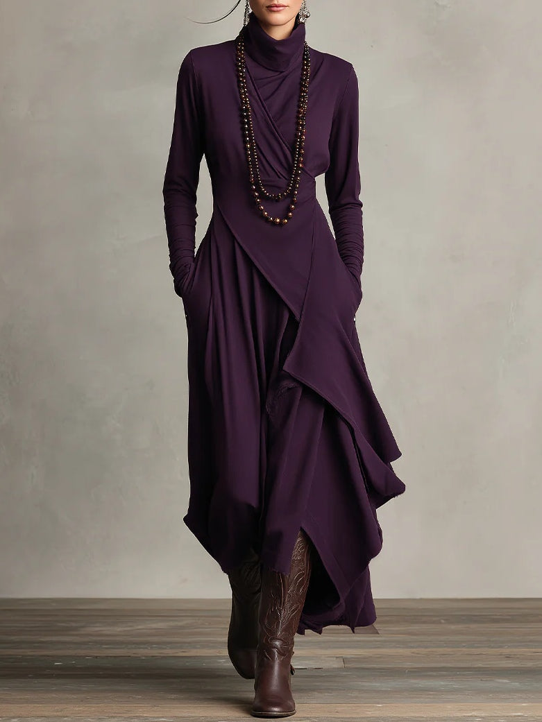 AZARI – REFINED DRAPED HIGH-NECK MIDI DRESS