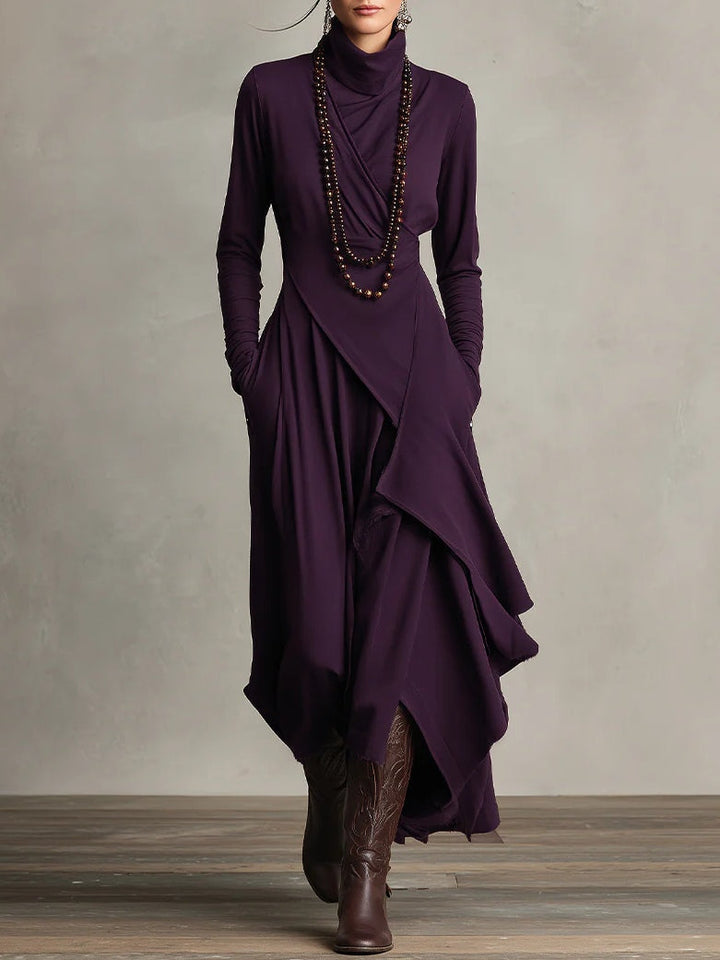 AZARI – REFINED DRAPED HIGH-NECK MIDI DRESS