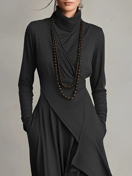AZARI – REFINED DRAPED HIGH-NECK MIDI DRESS