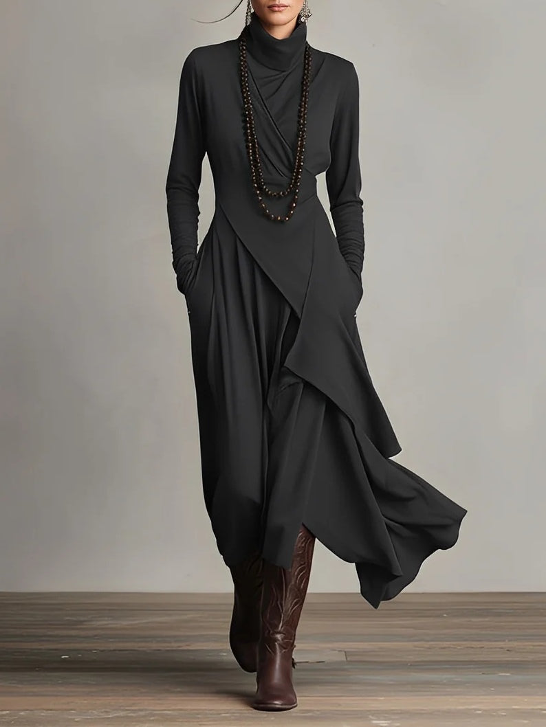 AZARI – REFINED DRAPED HIGH-NECK MIDI DRESS