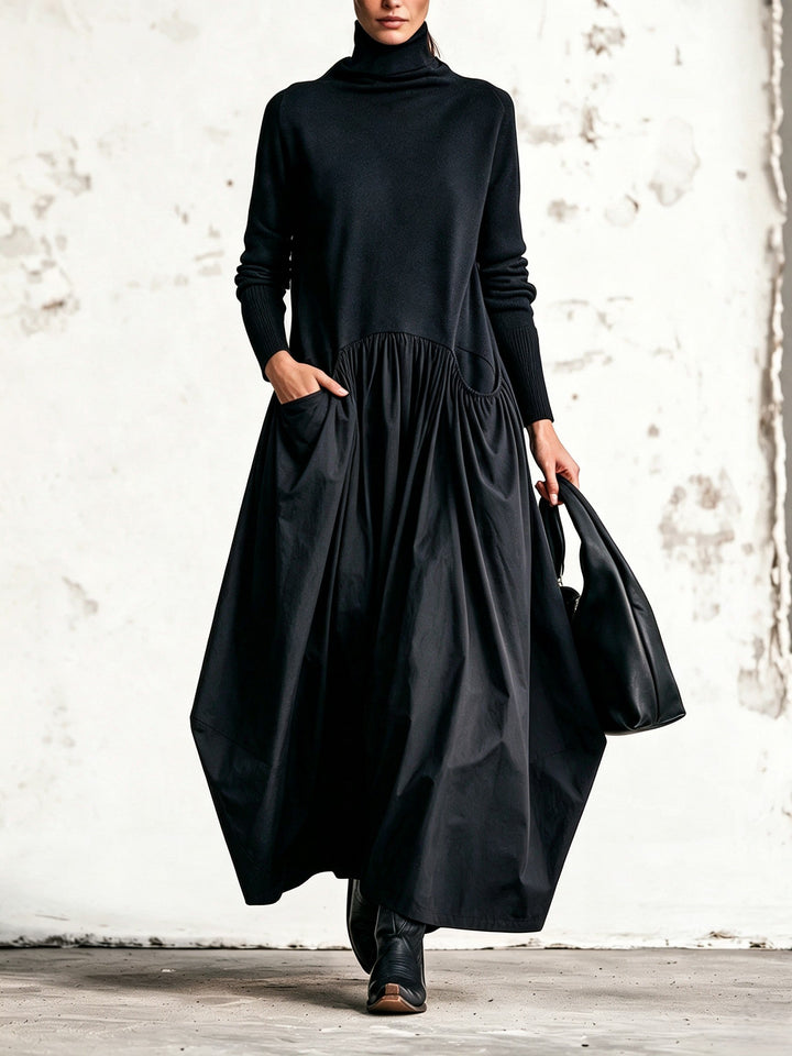 Black High Neck Pocket Detail Oversized Maxi Dress