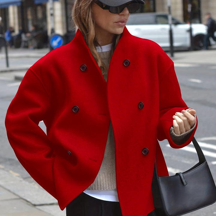 Effortless Wool Pea Coat for Women with Stand Collar Long Sleeve Double Breasted Oversized Casual Style