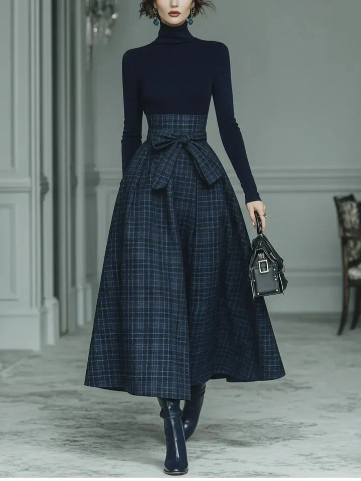 High-Neck Top & Plaid Skirt Set