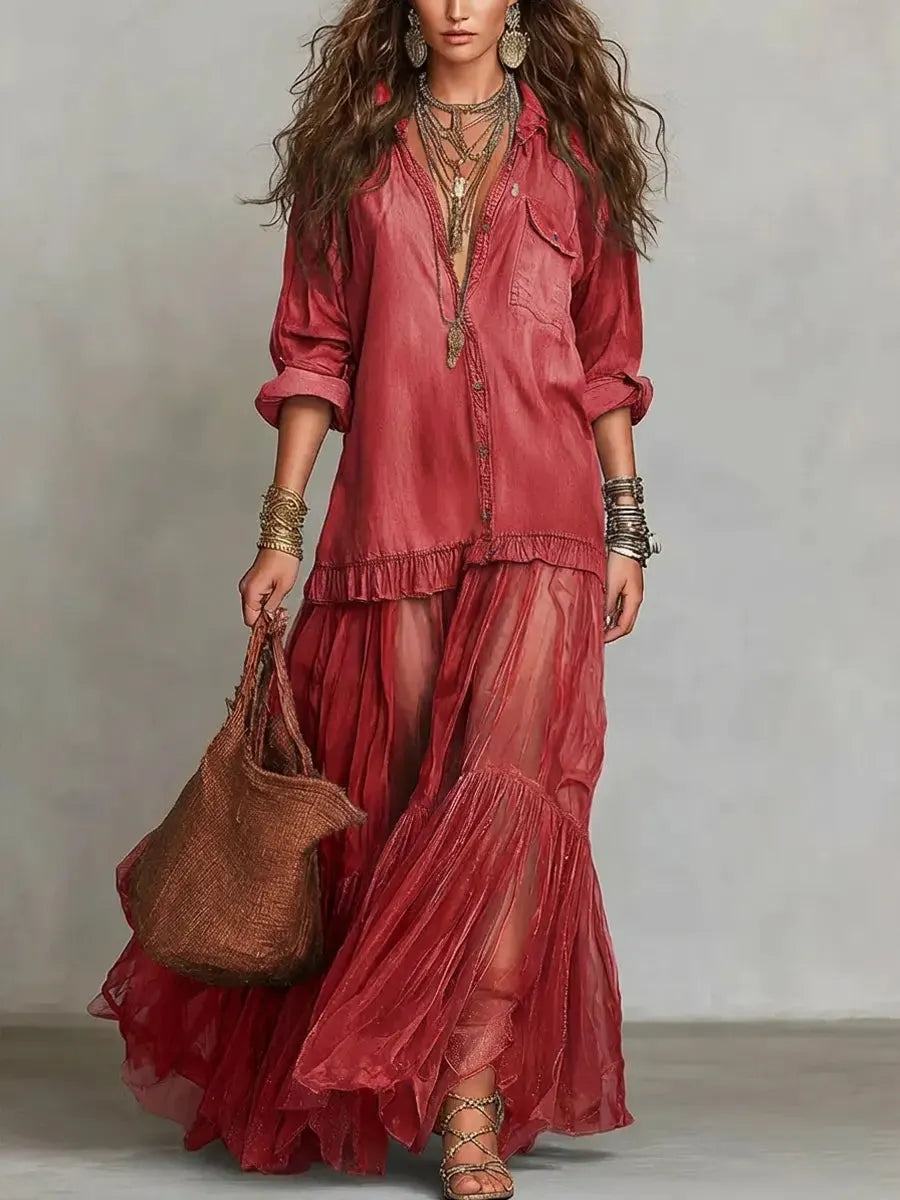 Denim & Organza Patchwork Maxi Dress