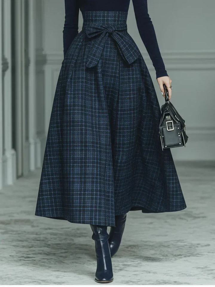 High-Neck Top & Plaid Skirt Set