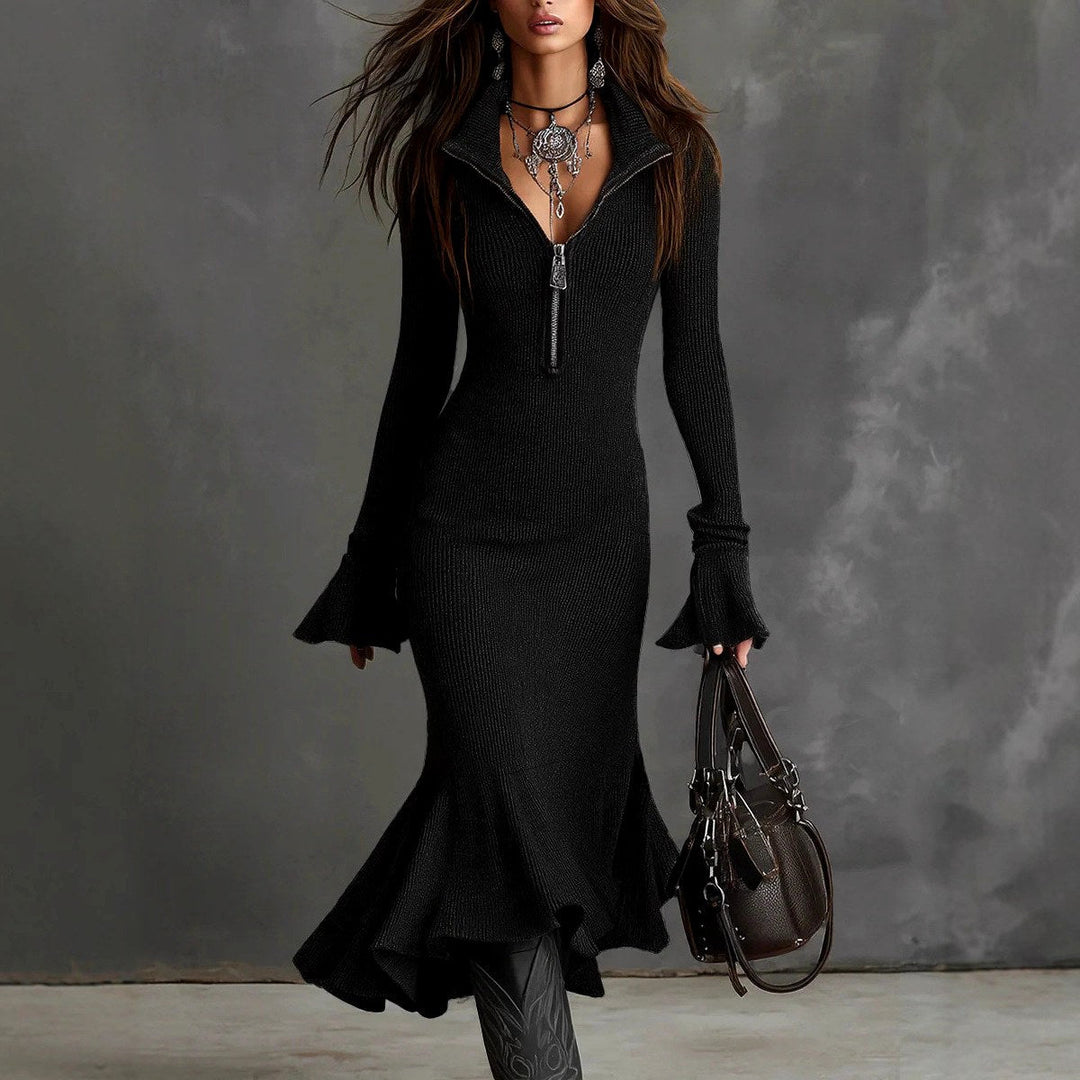 Aja - Women's Ribbed Zip Neck Knit Midi Dress