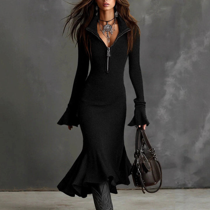 Aja - Women's Ribbed Zip Neck Knit Midi Dress