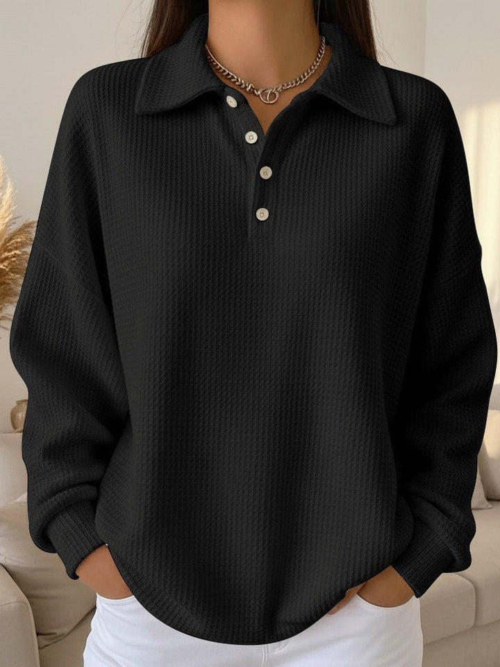 Cozy Waffle Knit Sweater for Women with Polo Collar Long Sleeve Button Front Oversized Style