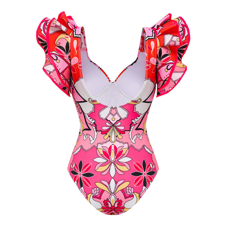 Ruffle Sleeves Red and Pink Pattern One Piece Swimsuit and Skirt