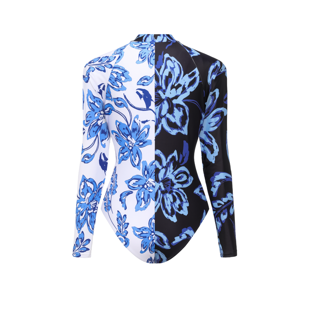 Color Block Printed Long Sleeve One Piece Surf Swimsuit and Skirt