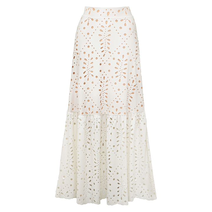 V Neck Solid Color Laser Cutting Flower One Piece Swimsuit and Skirt