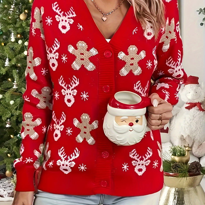 Cozy Red Sequin Christmas Sweater for Women with V Neck Long Sleeve Button Front Cardigan Style
