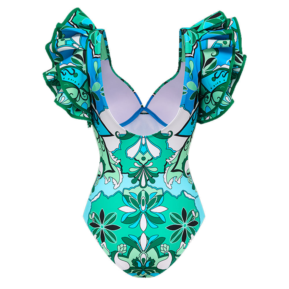 Ruffle Sleeves Blue and Green Pattern One Piece Swimsuit and sarong