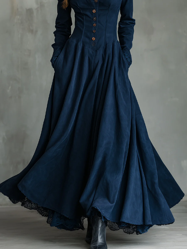 Dark Blue Faux Suede Lace Collar Maxi Dress