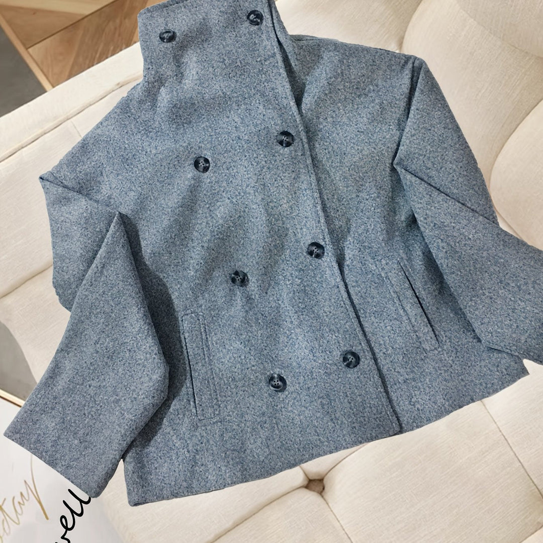 Elegant Wool Pea Coat for Women with Notch Lapel Long Sleeve Double Breasted Cropped Style