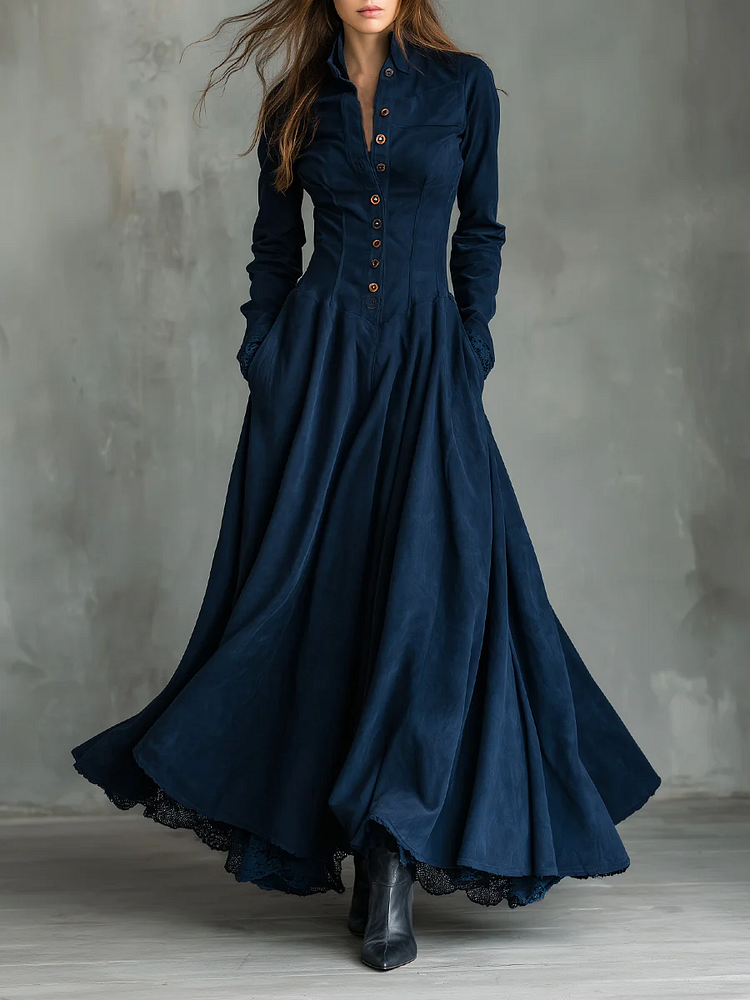 Dark Blue Faux Suede Lace Collar Maxi Dress