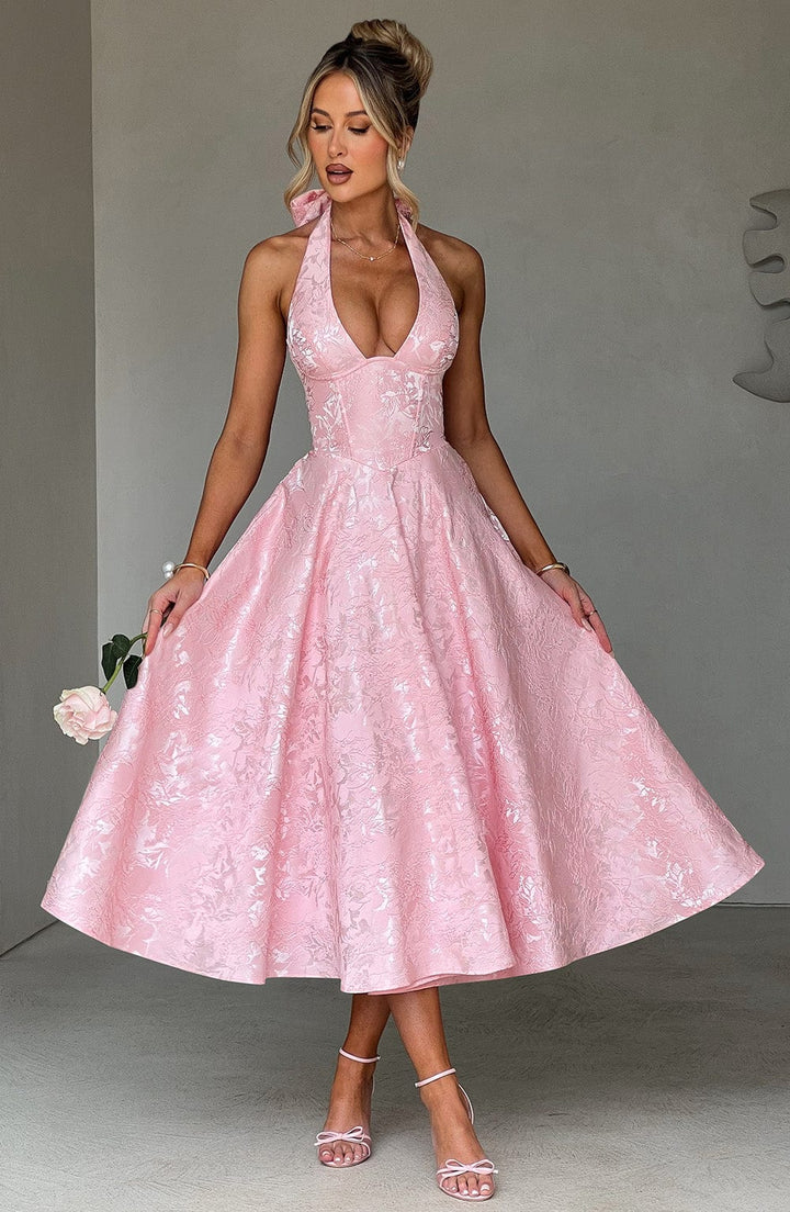 Renata - Jacquard Lace-Up Waist Maxi