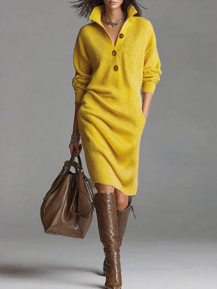 Button-Collar Knit Sweater Dress