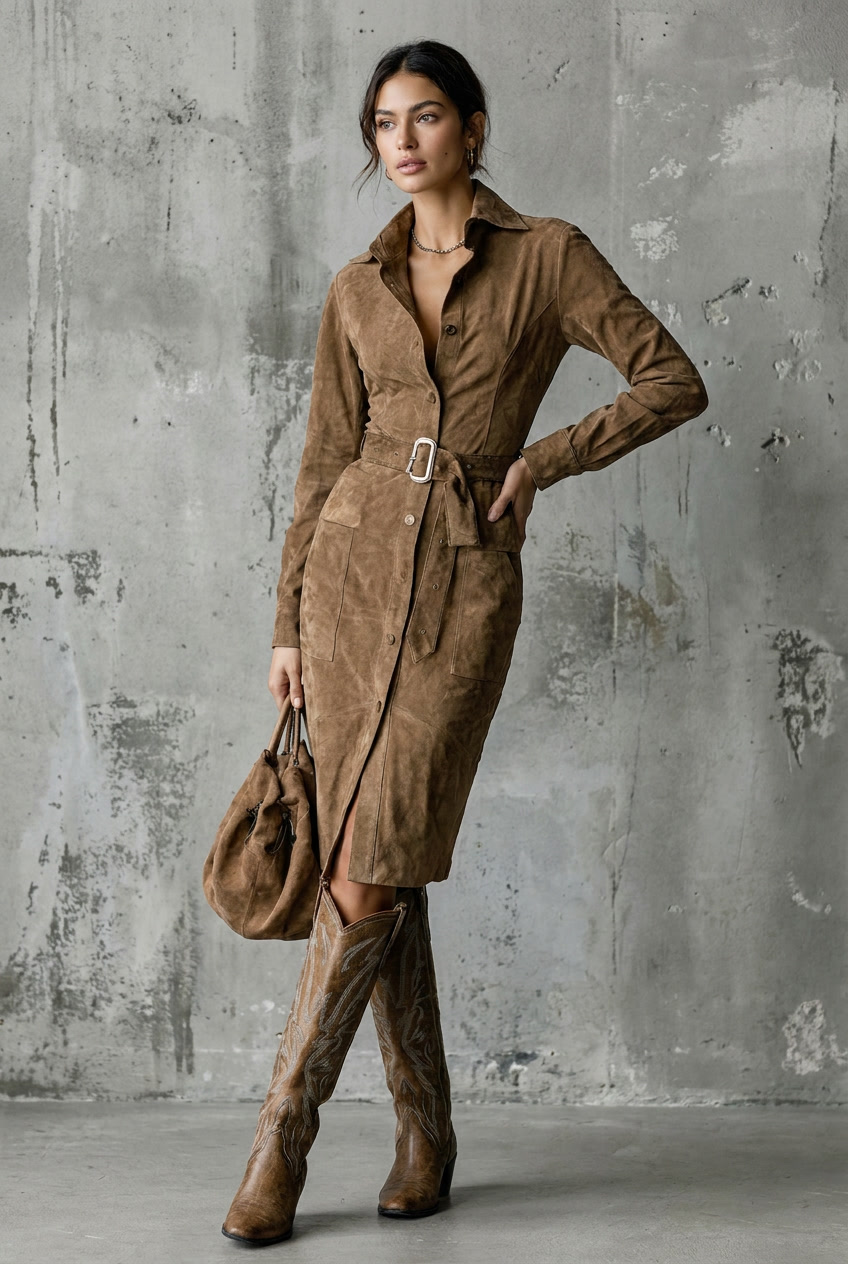 Alba | Suede Lapel Long-Sleeve Midi Dress