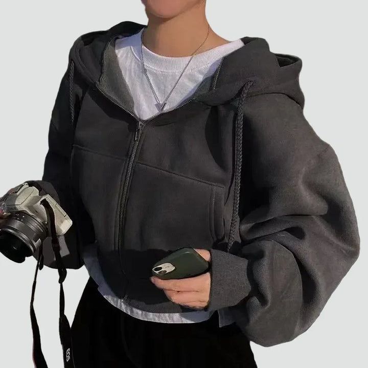 Comfortable Fleece Zip Up Hoodie for Women with Drawstring Hood Long Sleeve Cropped Oversized Casual Style