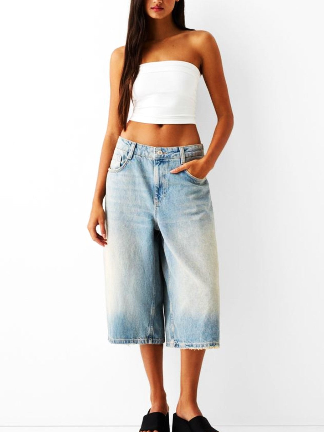 Clara & Sophia | High-Waist Relaxed-Fit Denim Bermuda Shorts