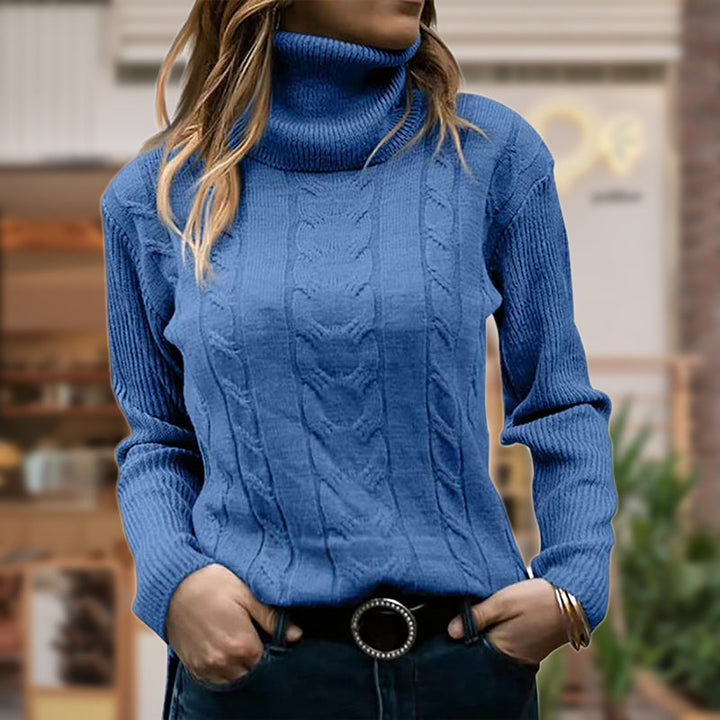 Comfortable Cable Knit Sweatshirt for Women with Turtleneck Long Sleeve Ribbed Fitted Style