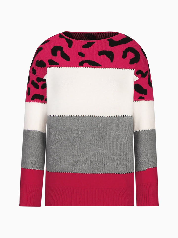 Effortless Sweatshirt for Women with Leopard Print Color Block Crewneck Knit Style