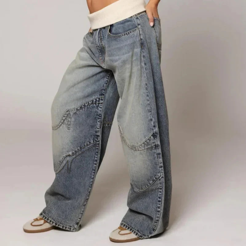 Effortless Light Blue Denim Wide Leg Jeans for Women with Ribbed Knit Waistband Low Rise Baggy Relaxed Style