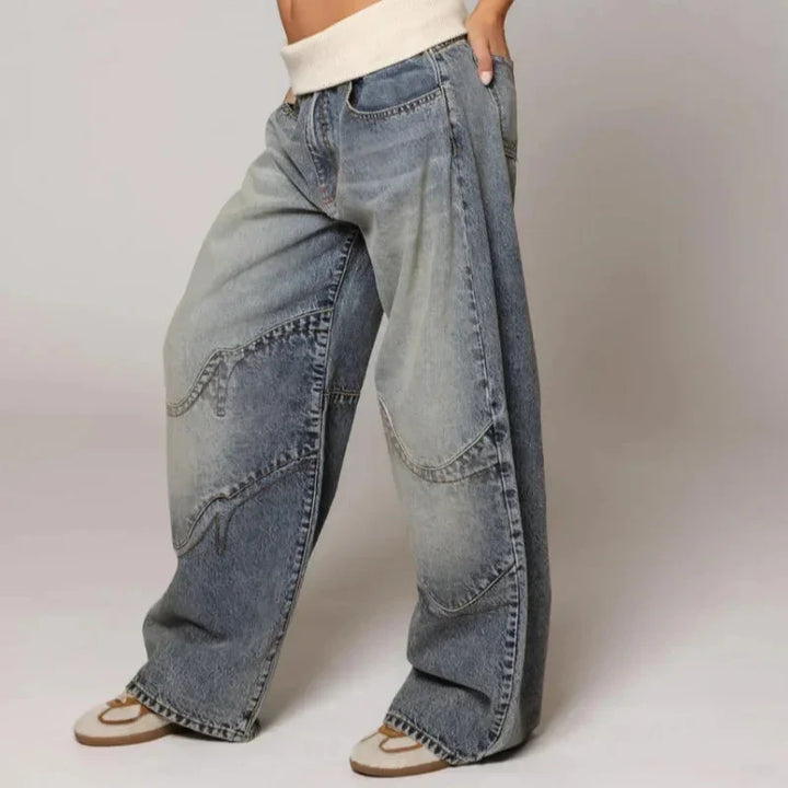 Effortless Light Blue Denim Wide Leg Jeans for Women with Ribbed Knit Waistband Low Rise Baggy Relaxed Style