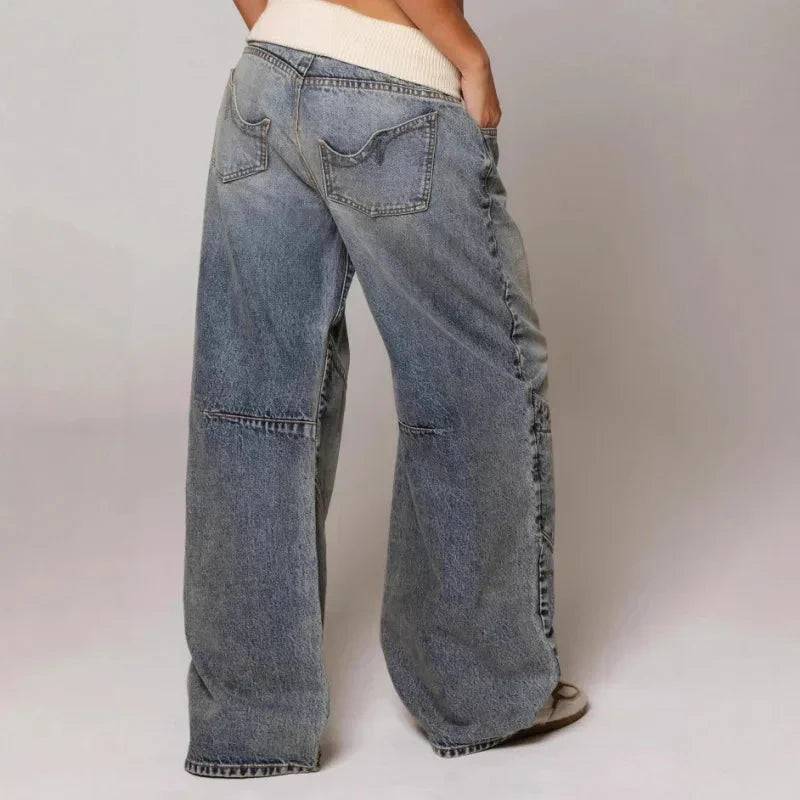 Effortless Light Blue Denim Wide Leg Jeans for Women with Ribbed Knit Waistband Low Rise Baggy Relaxed Style