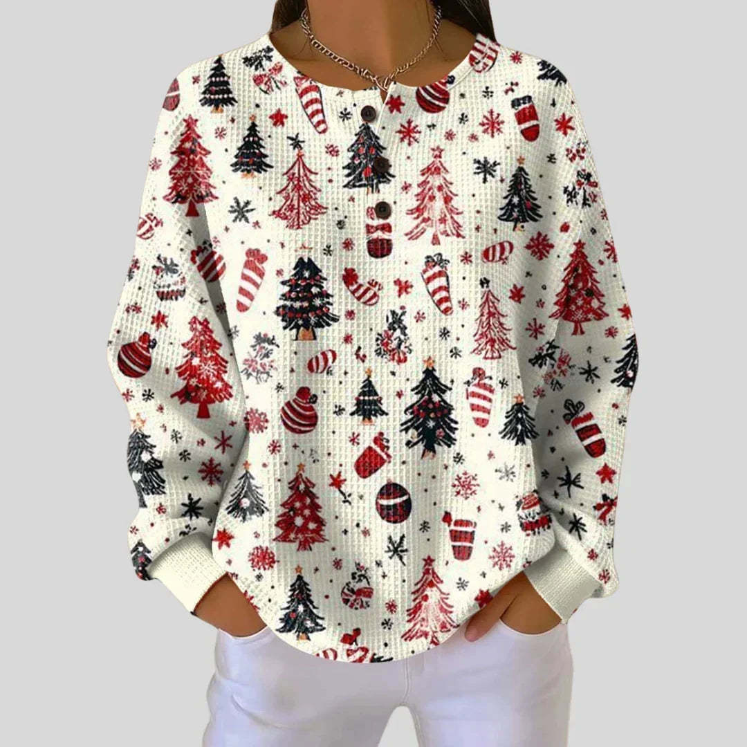 Comfortable Women's Christmas Sweater with Crew Neck Long Sleeve Waffle Knit Relaxed Style