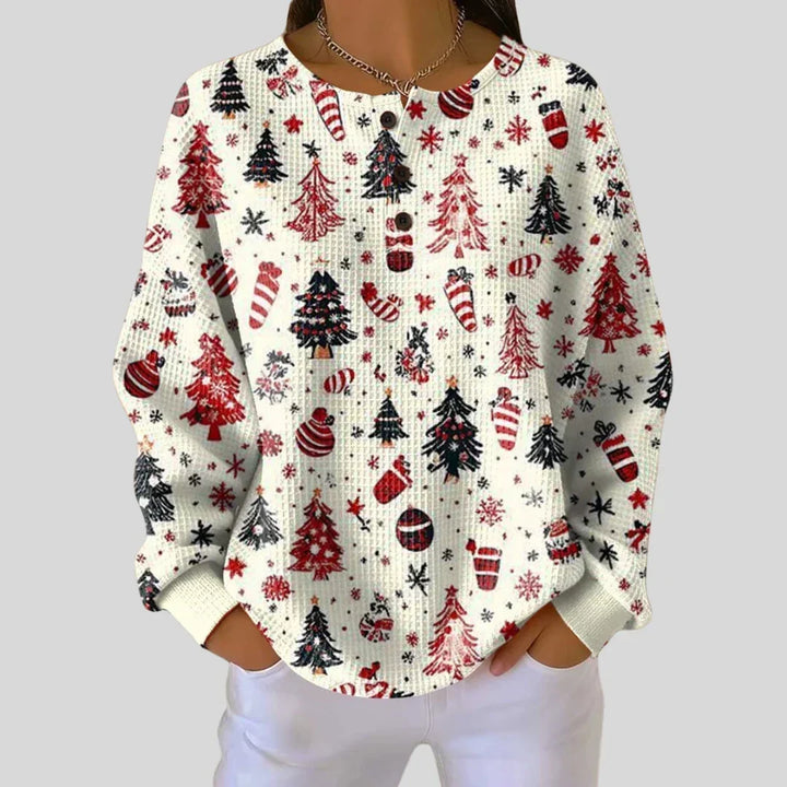 Comfortable Women's Christmas Sweater with Crew Neck Long Sleeve Waffle Knit Relaxed Style