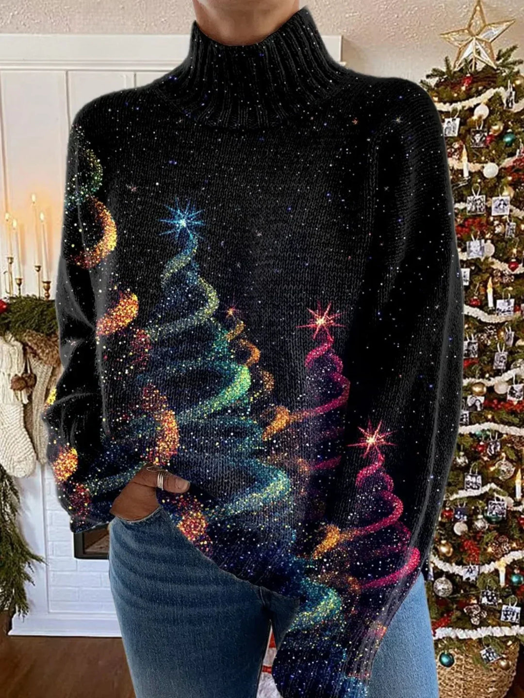 Comfortable Women's Xmas Sweater with Turtleneck Long Sleeve Glitter Tree Print Knit Style