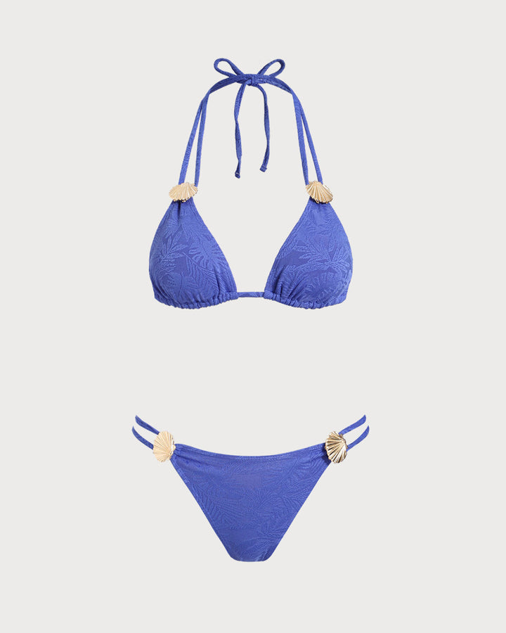 Clara & Sophia | Textured Halter Triangle Bikini Set for Women in Blue