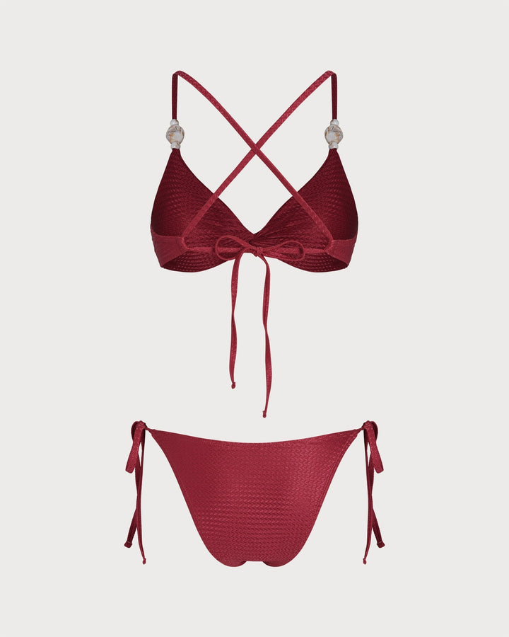 Clara & Sophia | V Neck Triangle Drawstring Bikini Set, Red