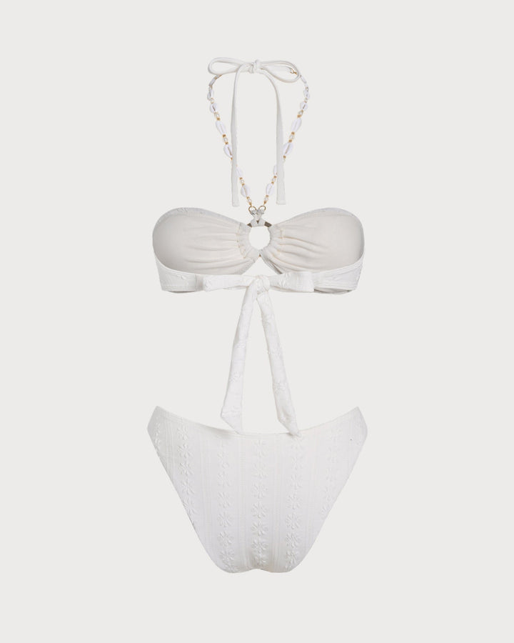 Clara & Sophia | Halter Jacquard Bandeau Bikini Set, White