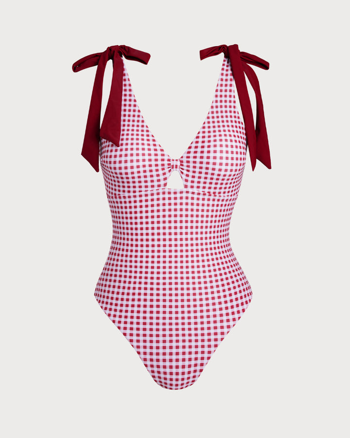 Clara & Sophia | Plaid One Piece Swimwear for Women in Wine Red