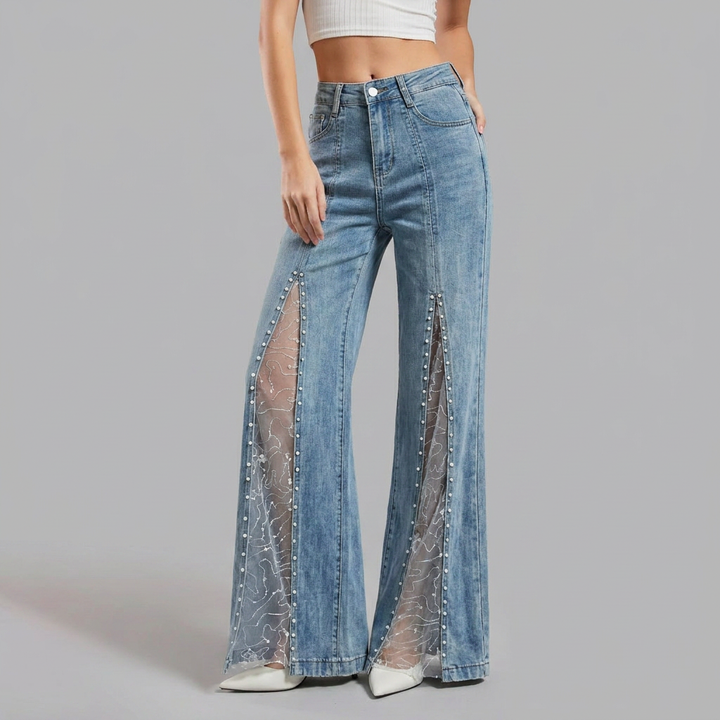 Effortless Blue Wide Leg Jeans for Women with High Waist Mesh Slit Pearl Embellished Flare Style
