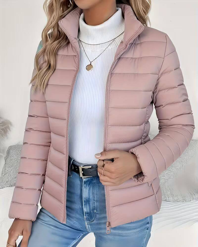 Effortless Quilted Puffer Jacket for Women with Stand Collar Long Sleeve Zip Front Relaxed Style